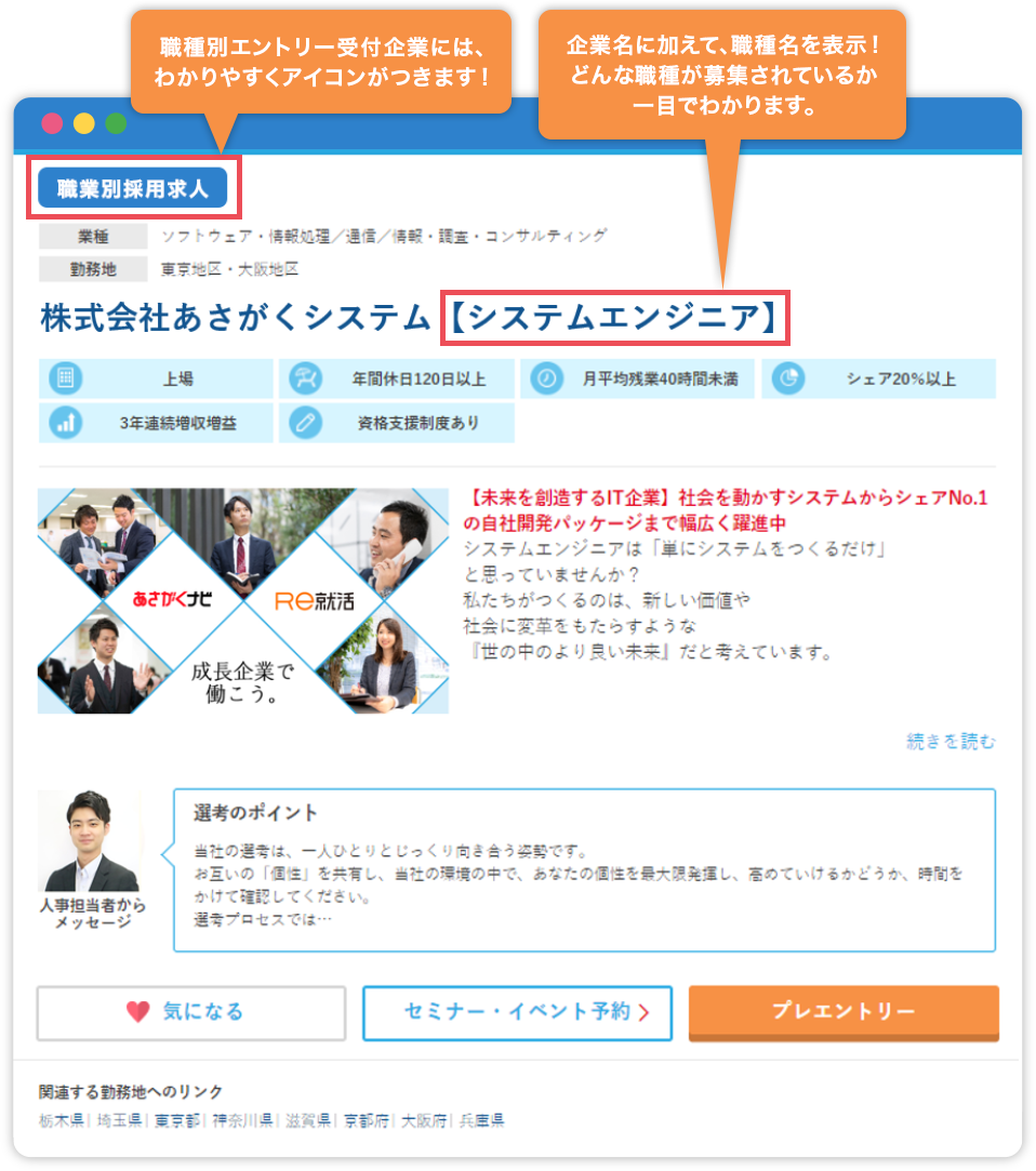 企業検索 職種別エントリー受付企業にはわかりやすくアイコンがつきます！ 企業名に加えて、職種名を表示！どんな職種が募集されているか一目でわかります。